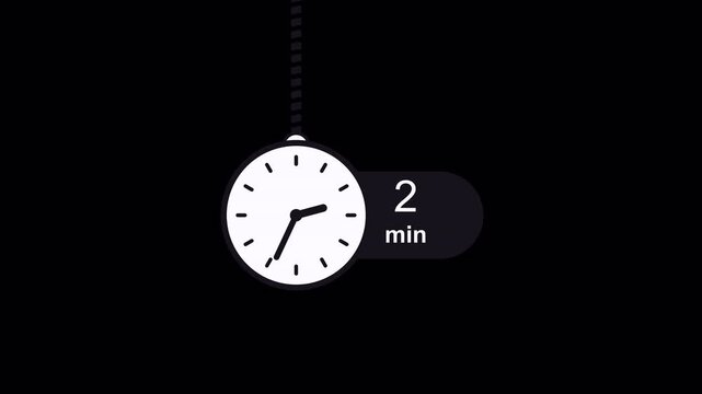 2 Minutes Clock Timer Icon Motion Graphics, Abstract Digital and Analog Countdown Animation 4K Isolated on Black