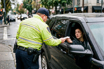 Naklejka premium Police officer in a bright uniform hands a traffic ticket to a female driver in a car