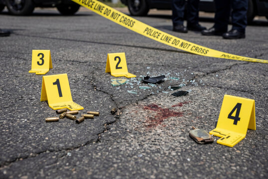 Yellow evidence markers surround bullet casings and broken glass on a dark asphalt road