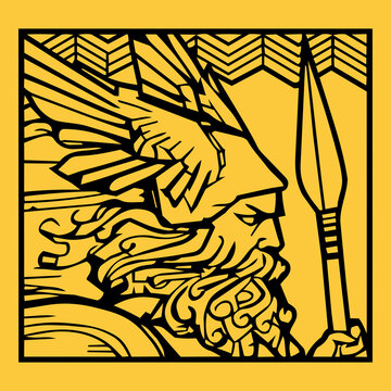 A graphic black and yellow illustration of a bearded warrior wearing a winged helmet and holding a spear.