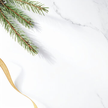 Christmas concept with evergreen branch, gold ribbon, and white marble background creating elegant holiday space for seasonal design Christmas Concept