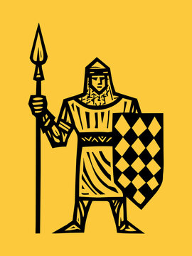 A graphic illustration of a medieval knight holding a spear and a checkered shield on a yellow background.