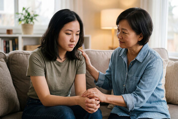 Fototapeta premium Asian mother comforting her sad young adult daughter while sitting together on a sofa