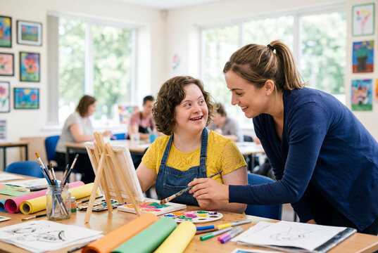 Smiling teacher helping a young woman with down syndrome paint in a bright art class