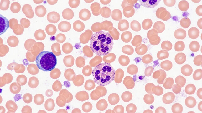 Microscopic view of human blood cells: red blood cells, white blood cells, neutrophils