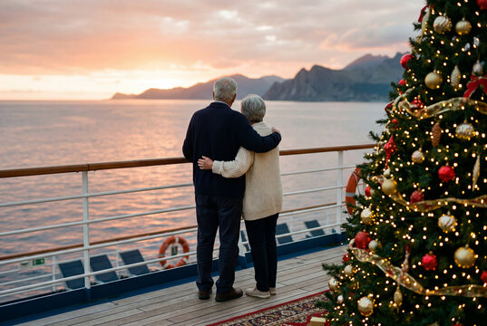 Senior couple embracing on a cruise ship deck near a christmas tree