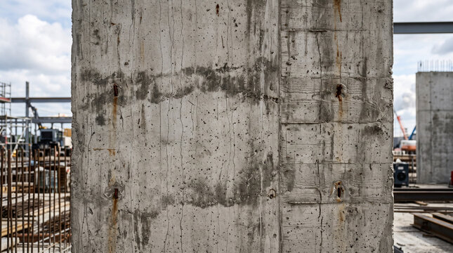 Close-up of rough unfinished concrete wall texture with industrial weathered surface and natural aging
