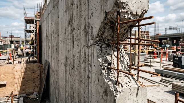 Unfinished concrete construction wall with exposed rebar and scaffolding at urban building site