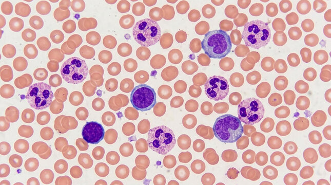 Microscopic view of human blood cells, red blood cells and leukocytes