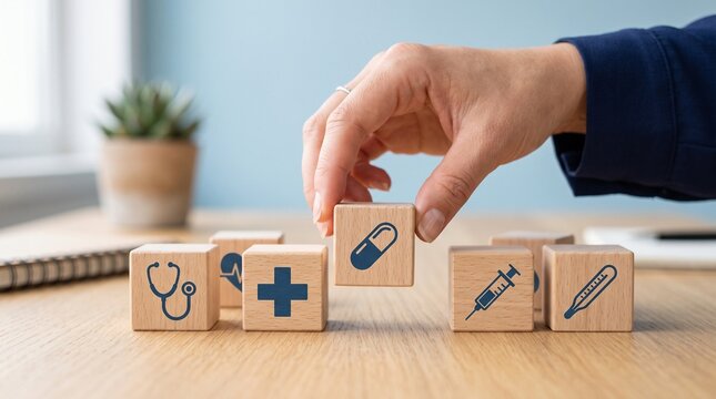 ​A woman's hand is arranging wooden cubes, each showing a different medical icon like a stethoscope, heart rate monitor, cross, pill, syringe, or thermometer.