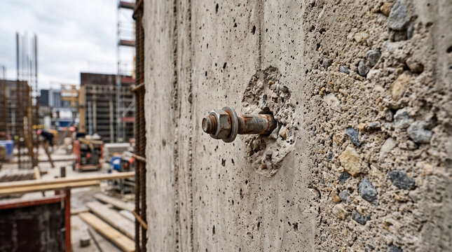 Close-up of rusted steel rebar protruding from unfinished concrete wall at construction site