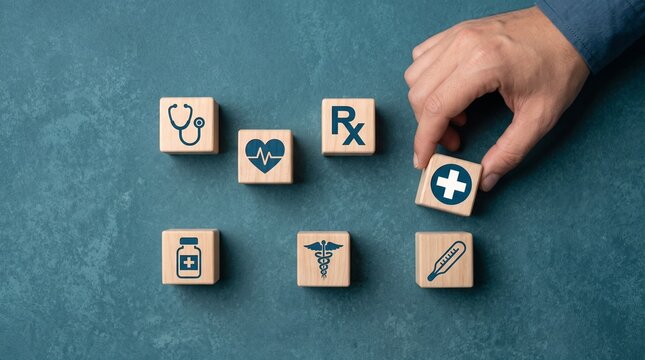 ​A hand arranging wooden blocks with medical and healthcare icons on a blue background.