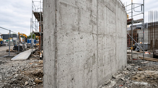 Newly poured reinforced concrete wall at urban construction site with rebar framework exposed