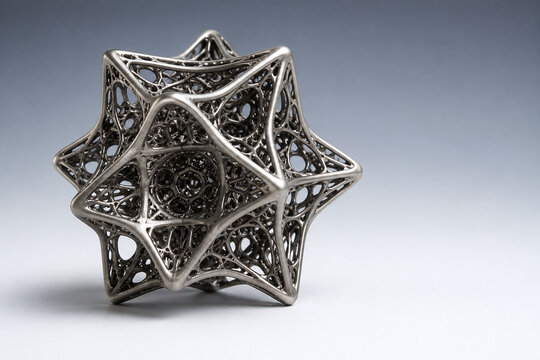 Intricate titanium lattice sculpture in studio light
