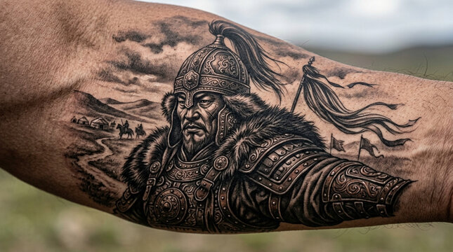 Tattoo of a Fierce Mongol Warrior in Armor, Historical Scene