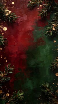 Vertical format painterly Christmas background in deep burgundy red and dark green with pine branch corners, gold glitter dots and ample central copy space for invitations.