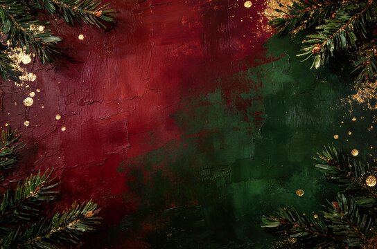 Square format richly painted Christmas background in deep red and emerald green tones with pine branch corners and scattered gold glitter confetti details.