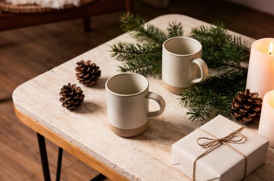 Cozy winter flat lay featuring two ceramic mugs, fresh pine branches, pinecones, a lit pillar candle and a kraft-wrapped gift on a pale stone table.
