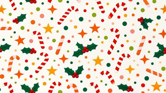 Playful seamless Christmas pattern featuring candy canes, holly leaves with red berries, colorful stars and polka dots scattered across a clean white background.