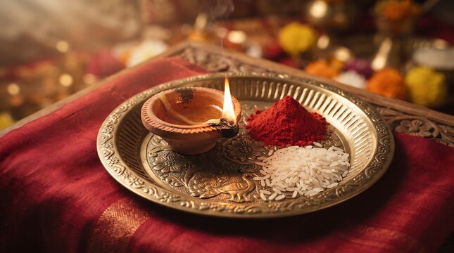 Brass pooja thali with burning terracotta diya, kumkum powder, and uncooked rice grains arranged gracefully on a red silk fabric during a traditional Hindu ritual celebration.