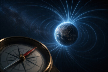 Naklejka premium Compass aligning with glowing planetary magnetic field