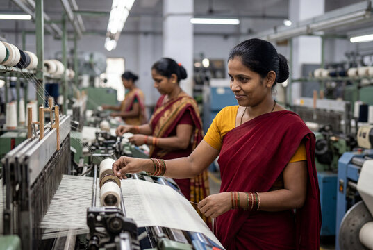 Indian female factory workers operating textile machinery indoors