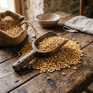 Corn kernels spilled on wooden table with rustic scoop.