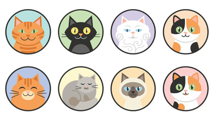 Fototapeta premium Set of eight colorful cat portraits in circular frames displaying different breeds of cute felines.