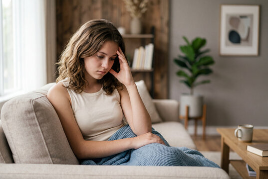 Sad teenage girl sitting on sofa under blue blanket holding head