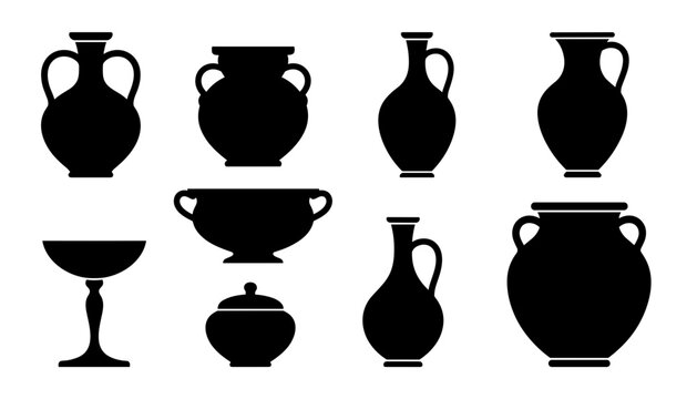 Ancient Greek ceramic vases and amphorae are shown in clean black vector silhouettes against a solid white background.