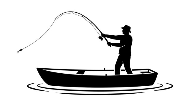 Fisherman Silhouette in a Small Boat on Water