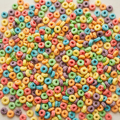 Fototapeta premium Colorful fruity loop cereal rings flat lay background.