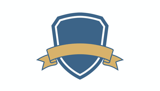 Blue medieval shield crest outline decorated with a blank gold banner scroll ready for custom text or logo.