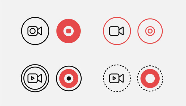 Interface icons set presenting video camera symbols and recording indicators in four distinct graphical styles.