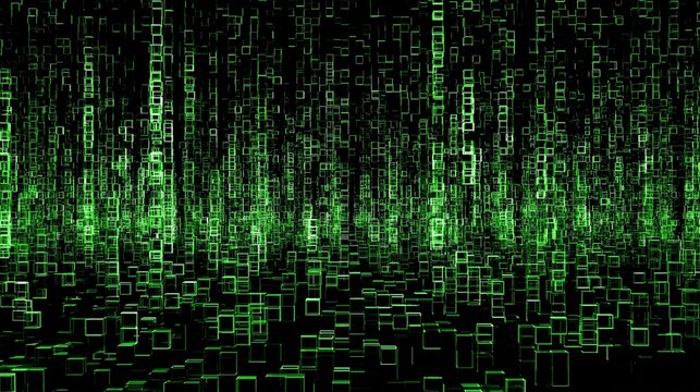Green binary code streams fall against black digital background in vertical motion.