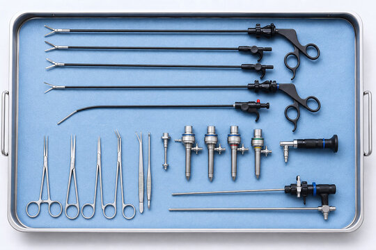 Laparoscopic surgical instrument set on sterile tray