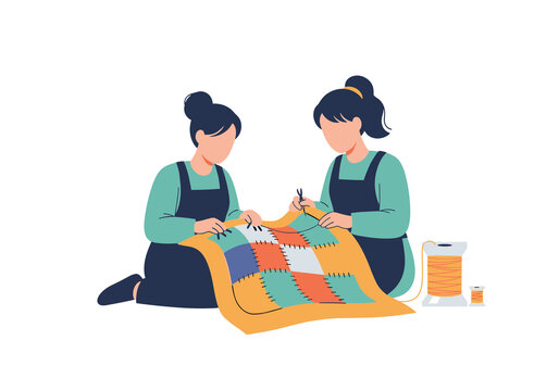 Women Sewing a Patchwork Quilt for Charity and Donation