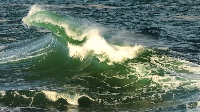 Slow motion video of a massive green ocean wave breaking with powerful whitewater over a submerged reef.