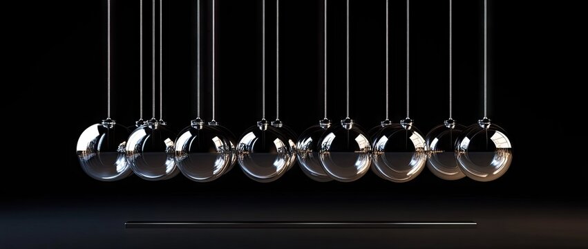 Close up row of hanging glass pendulum balls.