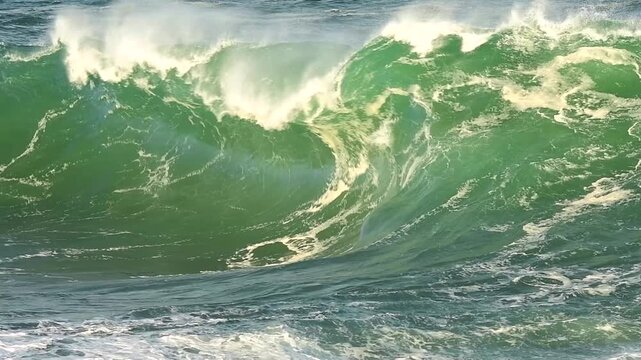 Slow motion video of a massive green ocean wave breaking with powerful whitewater over a submerged reef.