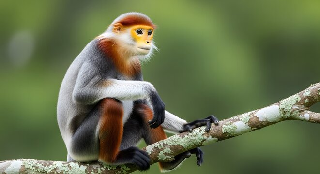A colorful red-shanked douc langur sitting peacefully on a tree branch.
