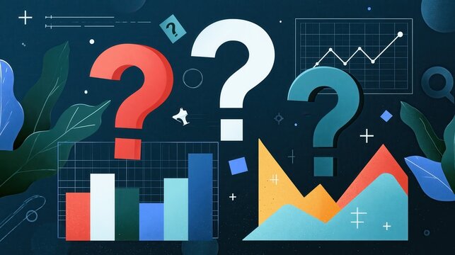 Abstract question marks over financial charts during business analysis concept