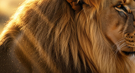 Obraz premium Majestic Lion Portrait close-up, golden hour light highlighting mane, wildlife photography