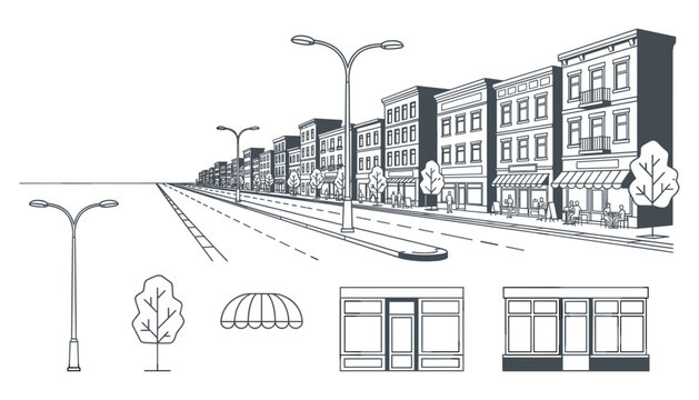 Urban City Street Perspective Line Art Illustration Vector Set with Buildings, Road Lamp Posts, and Shop Awning Icons for Coloring Books and Architectural Designs