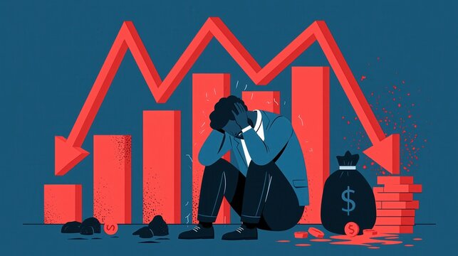 Man despairing with falling financial graph and money bag representing economic downturn and recession