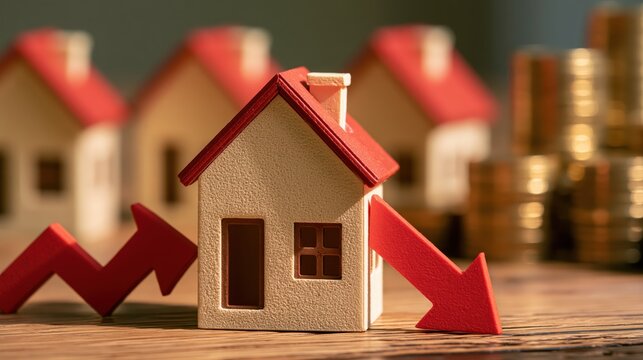 Small house model with red down arrow and stacked coins symbolizing financial decline during recession