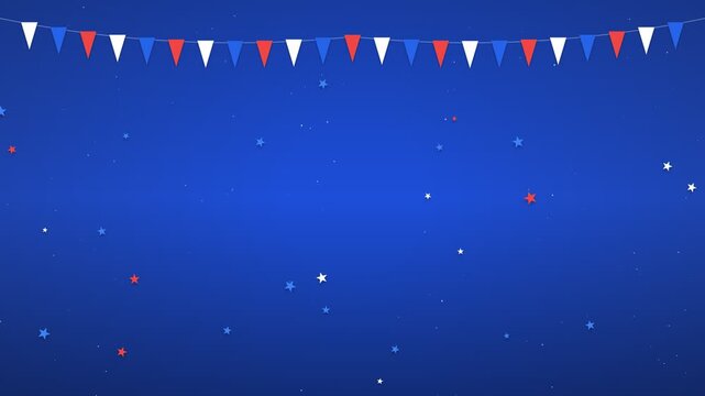 Patriotic bunting flags with falling stars on a blue background animation