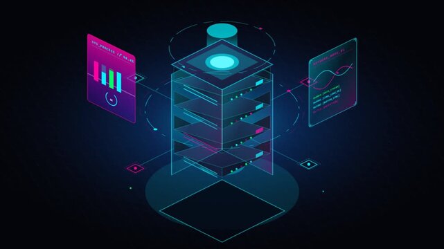 Isometric Server Rack with Data Visualization and Network Connections in a Dark Digital Environment.