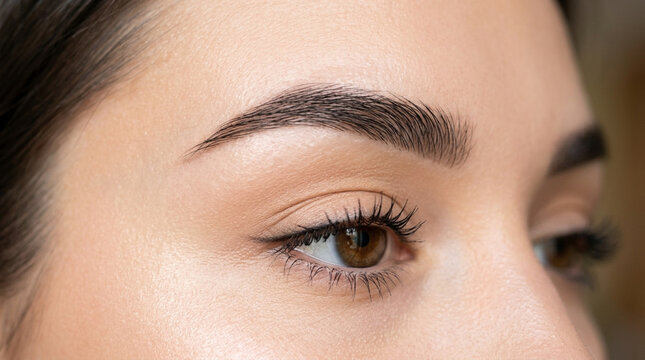 Perfectly shaped brow and eye makeup with brown iris, close-up beauty shot.