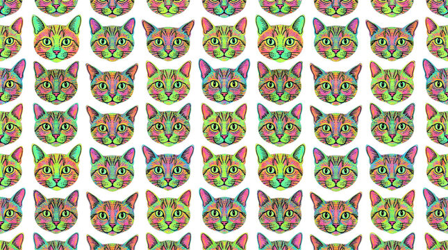 Neon Psychedelic Cat Face Pattern Colorful Vibrant Illustration